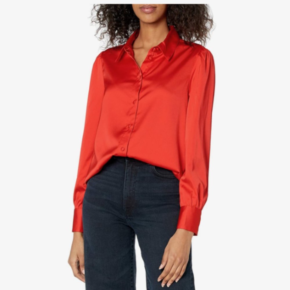 Red Long Sleeve Button Down Stretch Satin Shirt Blouse XXL